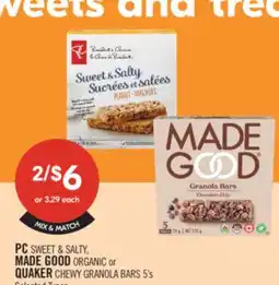 Shoppers Drug Mart PC SWEET & SALTY, MADE GOOD ORGANIC or QUAKER CHEWY GRANOLA BARS 5's offer