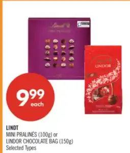 Shoppers Drug Mart LINDT MINI PRALINÉS (100g) or LINDOR CHOCOLATE BAG (150g) offer