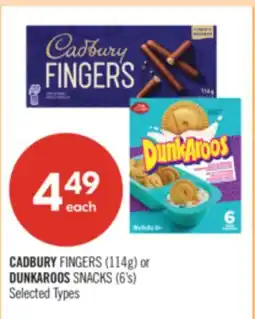 Shoppers Drug Mart CADBURY FINGERS (114g) or DUNKAROOS SNACKS (6's) offer
