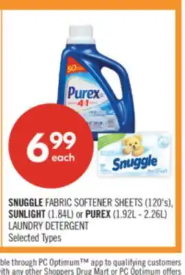 Shoppers Drug Mart SNUGGLE FABRIC SOFTENER SHEETS (120's), SUNLIGHT (1.84L) or PUREX (1.92L - 2.26L) LAUNDRY DETERGENT offer