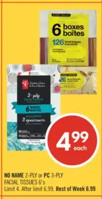 Shoppers Drug Mart NO NAME 2-PLY or PC 3-PLY FACIAL TISSUES 6's offer