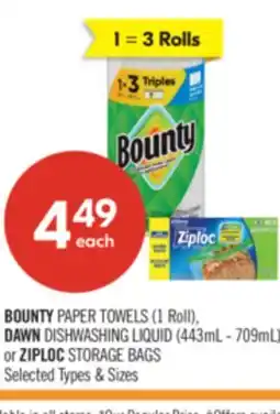 Shoppers Drug Mart BOUNTY PAPER TOWELS (1 Roll), DAWN DISHWASHING LIQUID (443 mL – 709 mL) or ZIPLOC STORAGE BAGS offer