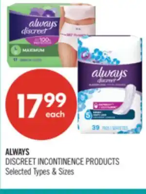 Shoppers Drug Mart ALWAYS DISCREET INCONTINENCE-PRODUCTS offer