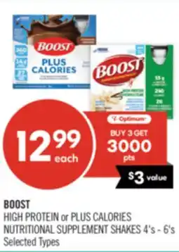 Shoppers Drug Mart BOOST HIGH PROTEIN or PLUS CALORIES NUTRITIONAL SUPPLEMENT SHAKES offer