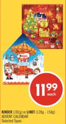 Shoppers Drug Mart KINDER (182g) or LINDT (128g - 158g) ADVENT CALENDAR offer