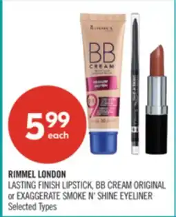 Shoppers Drug Mart RIMMEL LONDON LASTING FINISH LIPSTICK, BB CREAM ORIGINAL or EXAGGERATE SMOKE N' SHINE EYELINER offer