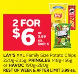 Rexall LAY'S XXL Family Size Potato Chips 220g-235g, PRINGLES 148g-156g or HAVOC 190g-280g offer