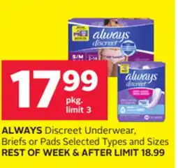 Rexall ALWAYS Discreet Underwear, Briefs or Pads offer