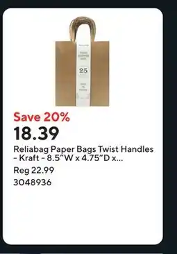 Staples Reliabag Paper Bags Twist Handles - Kraft - 8.5W x 4.75D x 10.25H - 25 Pack offer