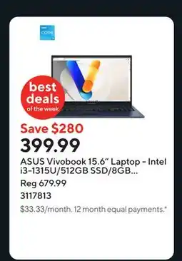 Staples ASUS Vivobook 15.6 Laptop - Intel i3-1315U/512GB SSD/8GB RAM/Windows 11 Home offer