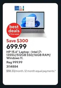 Staples HP 15.6 Laptop - Intel i7-1355U/512GB SSD/16GB RAM/Windows 11 offer