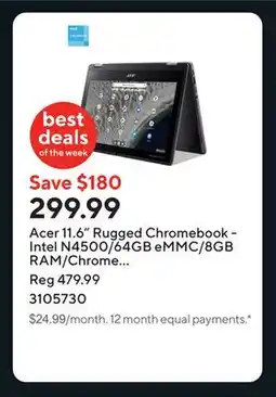 Staples Acer 11.6 Rugged Chromebook - Intel N4500/64GB eMMC/8GB RAM/Chrome OS with 3 months of Google AI Pro offer
