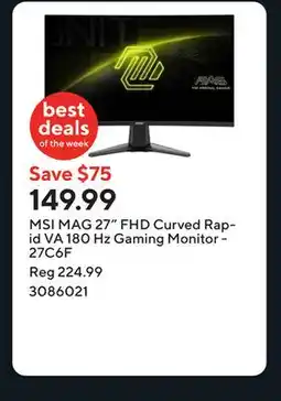 Staples MSI MAG 27 FHD Curved Rapid VA 180 Hz Gaming Monitor - 27C6F offer