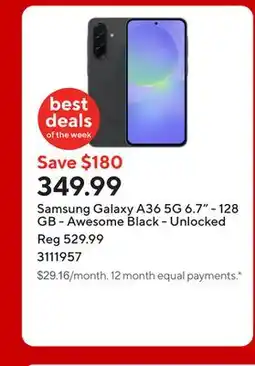 Staples Samsung Galaxy A36 5G 6.7 - 128 GB - Awesome Black - Unlocked offer