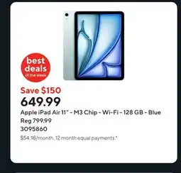 Staples Apple iPad Air 11 - M3 Chip - Wi-Fi - 128 GB - Blue offer