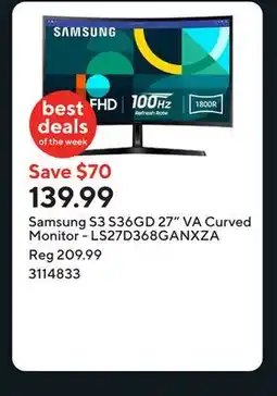Staples Samsung S3 S36GD 27 VA Curved Monitor - LS27D368GANXZA offer
