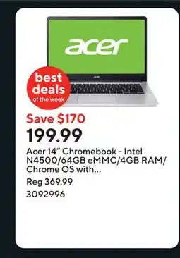 Staples Acer 14 Chromebook - Intel N4500/64GB eMMC/4GB RAM/Chrome OS with 3 months of Google AI Pro offer