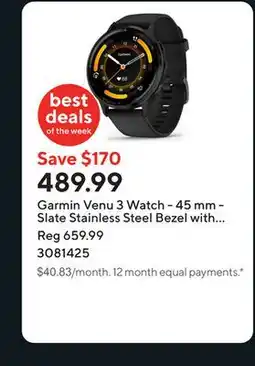 Staples Garmin Venu 3 Watch - 45 mm - Slate Stainless Steel Bezel with Black Case and Silicone Band offer