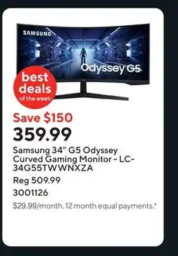 Staples Samsung 34 G5 Odyssey Curved Gaming Monitor - LC34G55TWWNXZA offer