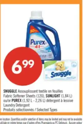 Pharmaprix SNUGGLE Fabric Softener Sheets (120), SUNLIGHT (1,84 L) or PUREX (1,92 L - 2,26 L) Laundry Detergent offer