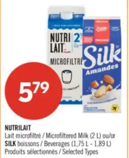 Pharmaprix NUTRILAIT Microfiltered Milk (2 L) or SILK Beverages (1.75 L – 1.89 L) offer