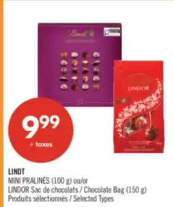 Pharmaprix LINDT MINI PRALINÉS (100 g) or LINDOR Chocolate Bag (150 g) offer