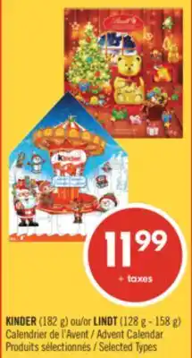 Pharmaprix KINDER (182 g) or LINDT (128 g - 158 g) Advent Calendar offer