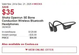 Costco Shokz Openrun SE Bone Conduction Wireless Bluetooth Headphones offer