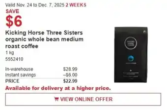 Costco Kicking Horse Three Sisters organic whole bean medium roast coffee offer