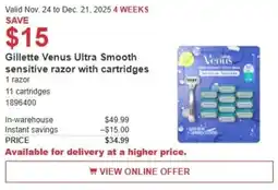 Costco Gillette Venus Ultra Smooth sensitive razor with cartridges offer