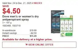 Costco Dove men's or women's dry antiperspirant spray offer