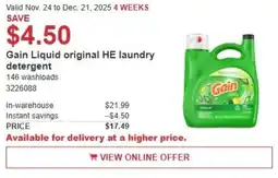 Costco Gain Liquid original HE laundry detergent offer