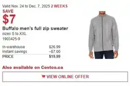 Costco Buffalo men's full zip sweater offer