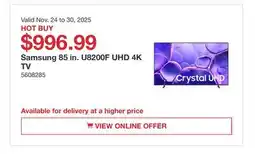Costco Samsung 85 in. U8200F UHD 4K TV offer
