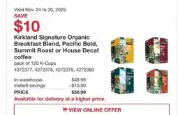 Costco Kirkland Signature Organic Breakfast Blend, Pacific Bold, Summit Roast or House Decaf coﬀee offer