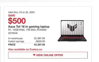 Costco Asus Tuf 16 in gaming laptop offer