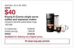 Costco Keurig K-Crema single serve coﬀee and espresso maker offer