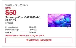 Costco Samsung 65 in. Q6F UHD 4K QLED TV offer