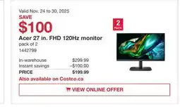 Costco Acer 27 in. FHD 120Hz monitor offer