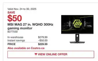 Costco MSI MAG 27 in. WQHD 300Hz gaming monitor offer