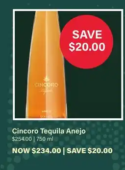 LCBO Cincoro Tequila Anejo offer