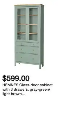 IKEA HEMNES Glass-door cabinet with 3 drawers, gray-green/light brown stained offer