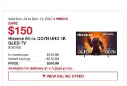 Costco Hisense 65-in. QD7N UHD 4K QLED TV offer