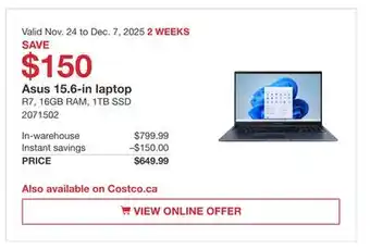 Costco Asus 15.6-in laptop offer