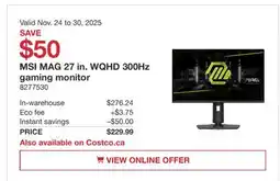 Costco MSI MAG 27 in. WQHD 300Hz offer