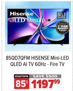 2001 Audio Video 85QD7QFM 85 HISENSE Mini-LED QLED AI TV 60Hz - Fire TV offer