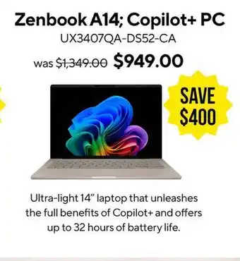 ASUS ZenbookA14 Copilot + PC Laptop offer
