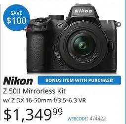 Vistek Nikon Z 50II Mirrorless Kit w/Z DX 16-50mm f/3.5-6 offer