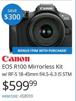 Vistek Canon EOS R100 Mirrorless Kit w/ RF-S 18-45mm f/4.5-6.3 IS STM offer