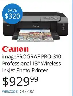 Vistek Canon ixmagePROGRAF PRO-310 Professional 13 Wireless Inkjet Photo Printer offer